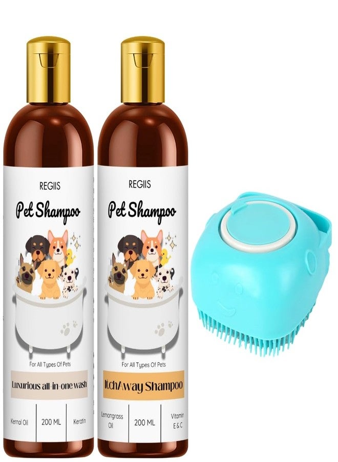 REGIIS Pet Shampoo Set with Silicone Brush, Luxurious All-in-One Wash and Itch Away Formula, 200ml, 3-Pack with Grooming Tool - Image 1